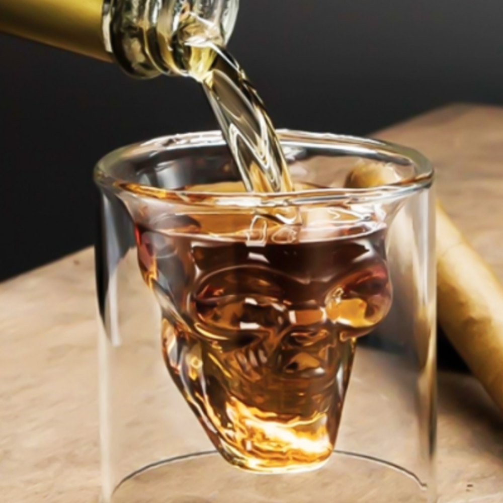 Copo de Uísque Caveira | Vidro Duplo Borossilicato | 75ml | Kit 2 Peças | Design 3D