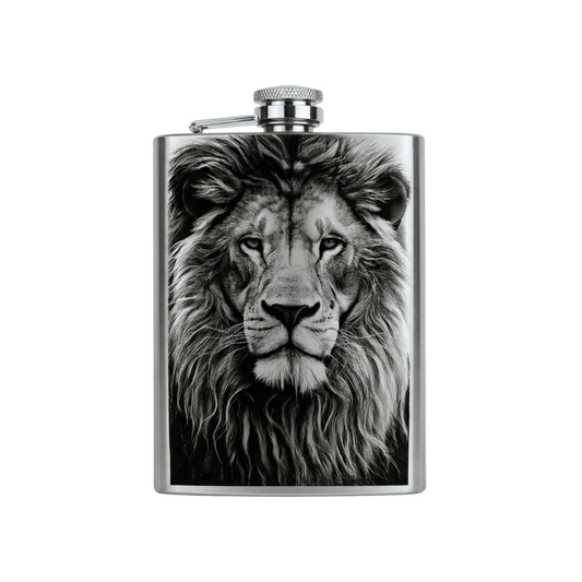 Cantil Leão | Arte Realista Estilo Tattoo | 169,8ml | Aço Inoxidável | Presente Masculino