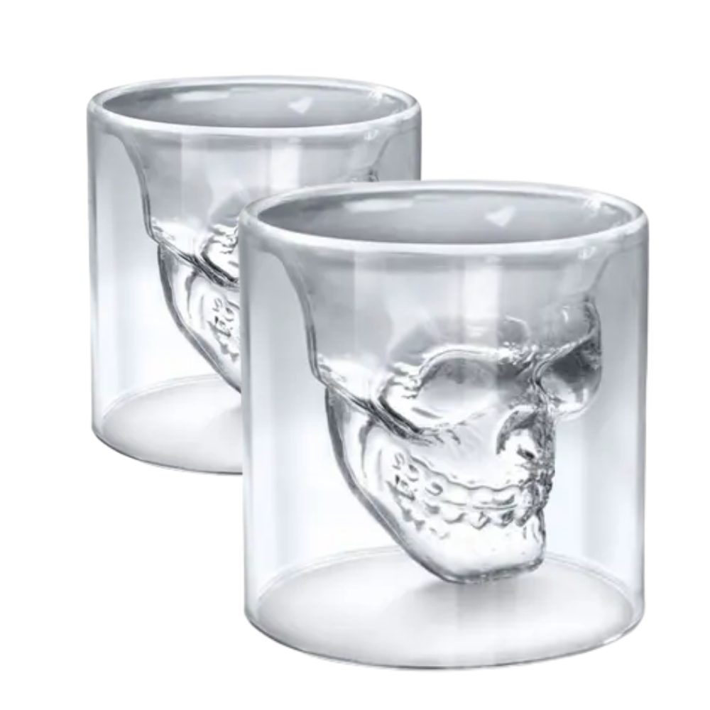 Copo de Uísque Caveira | Vidro Duplo Borossilicato | 75ml | Kit 2 Peças | Design 3D