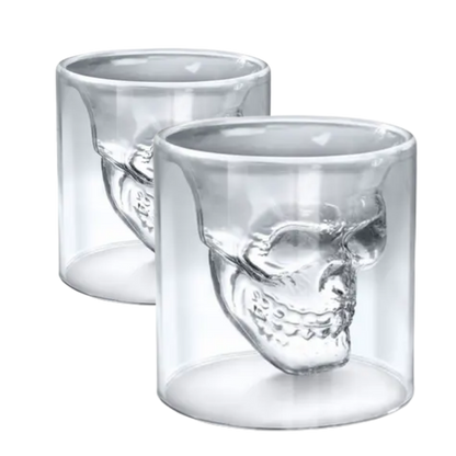 Copo de Uísque Caveira | Vidro Duplo Borossilicato | 75ml | Kit 2 Peças | Design 3D