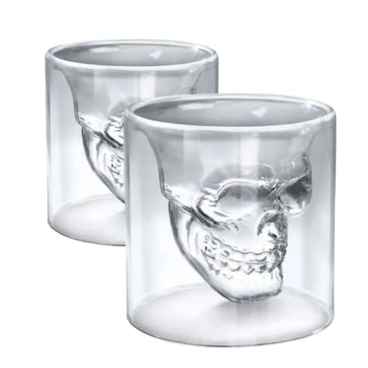 Copo de Whisky Caveira | Vidro Duplo Borossilicato | 75ml | Kit 2 Peças | Design 3D