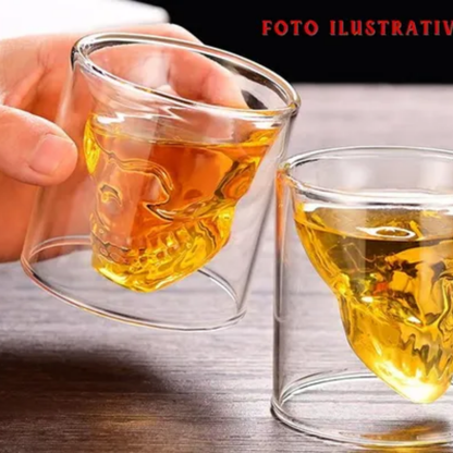 Copo de Uísque Caveira | Vidro Duplo Borossilicato | 75ml | Kit 2 Peças | Design 3D