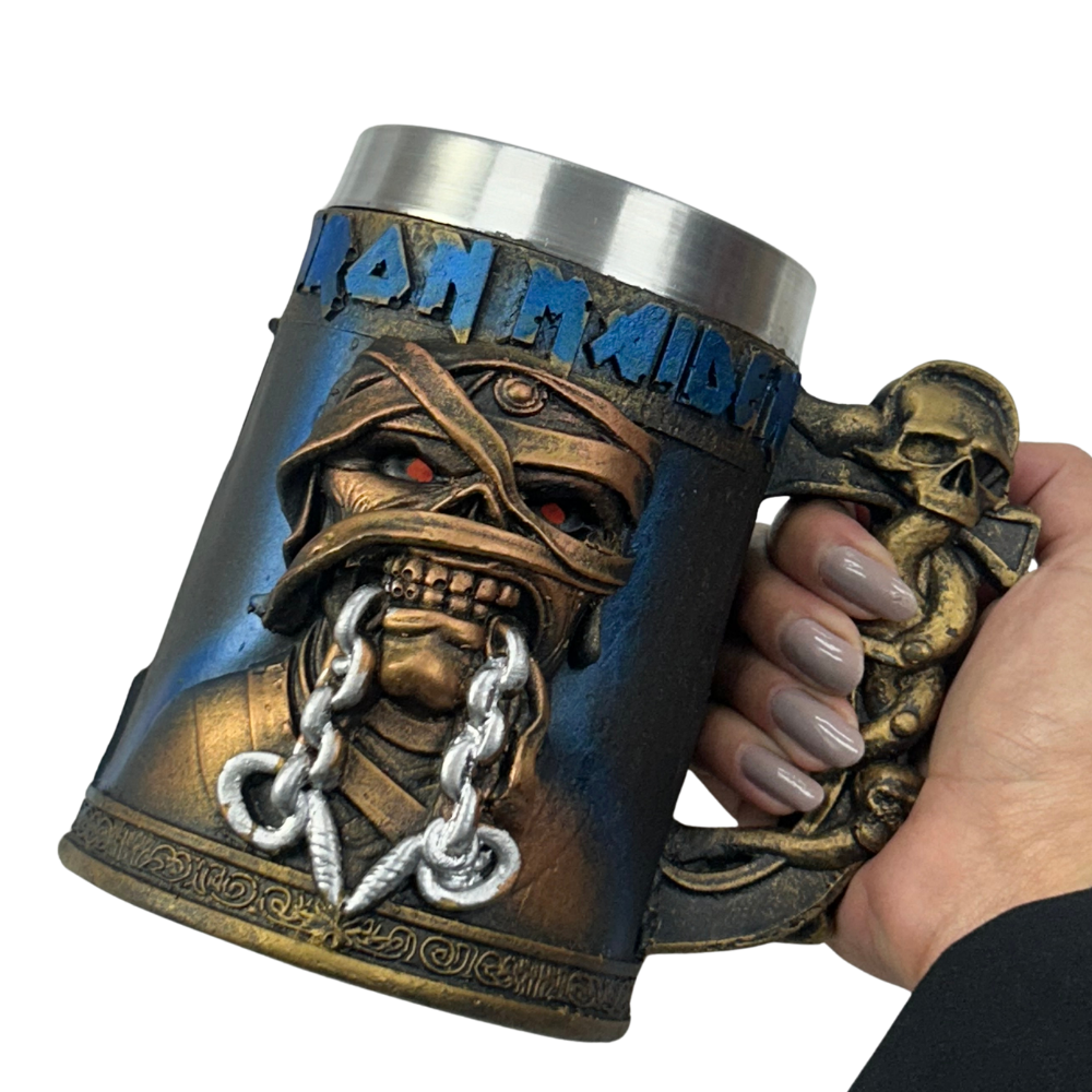 Caneca Iron Maiden Powerslave | Eddie Farão Egípcio | Alça Caveira | 500ml | Aço Inox